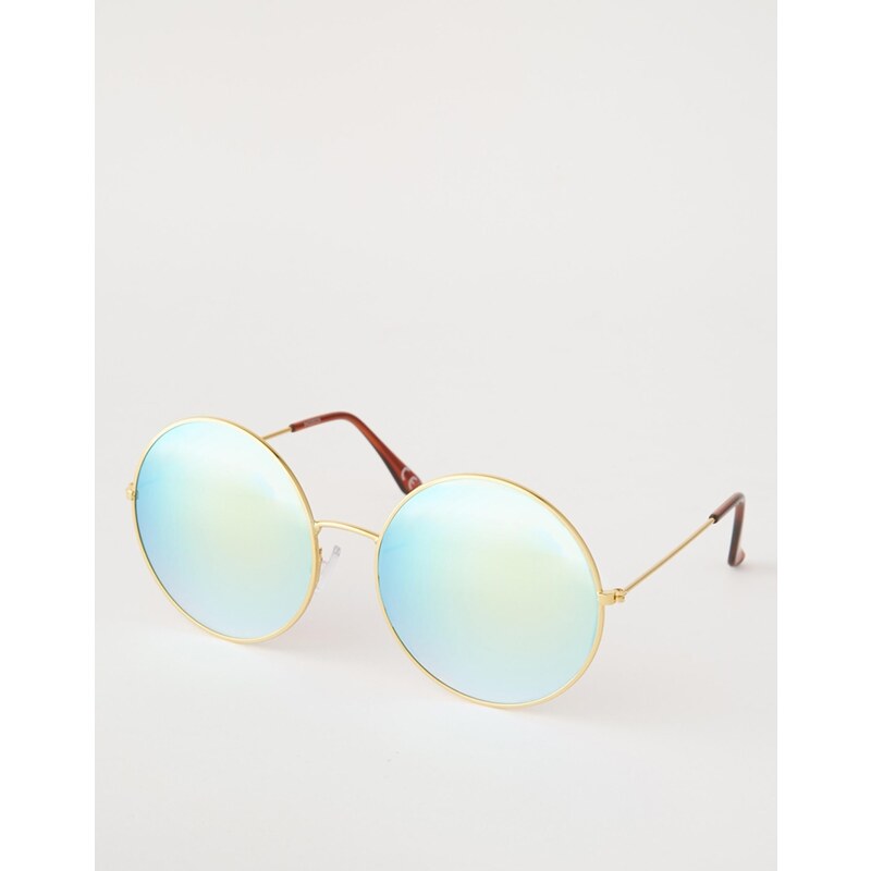 ASOS - Große, runde Sonnenbrille aus Metall mit blau getönten Gläsern - Gold