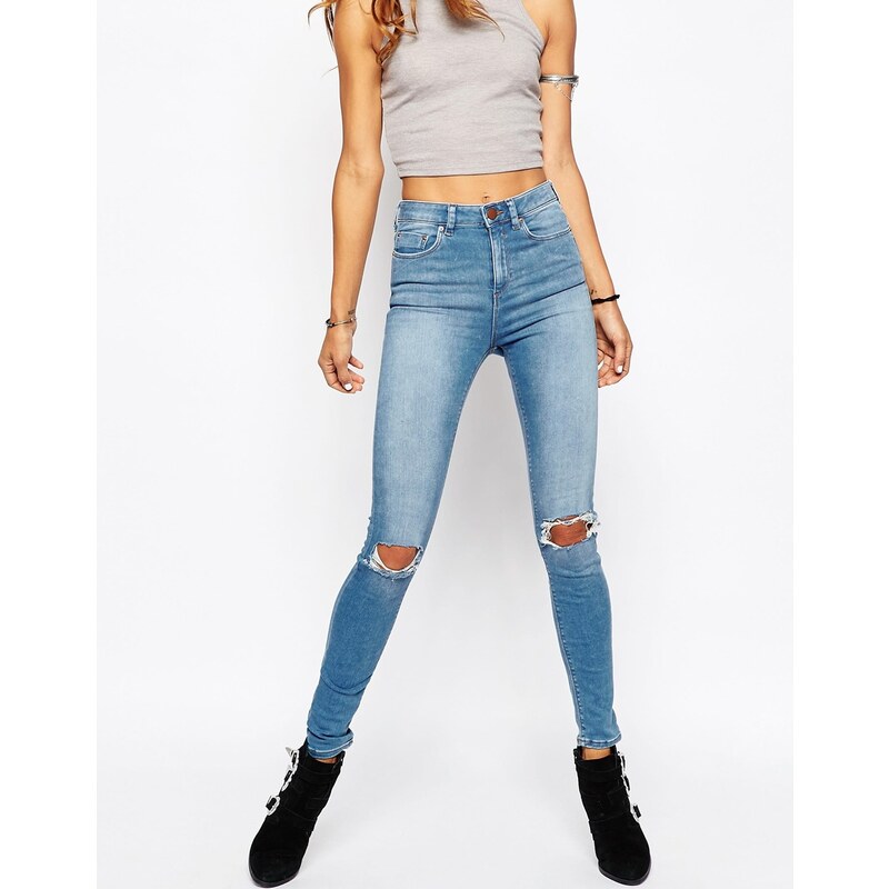ASOS - Ridley - Skinny-Jeans in mittlerer Mia-Waschung mit hohem Bund und Zierrissen an den Knien - Mia Blau