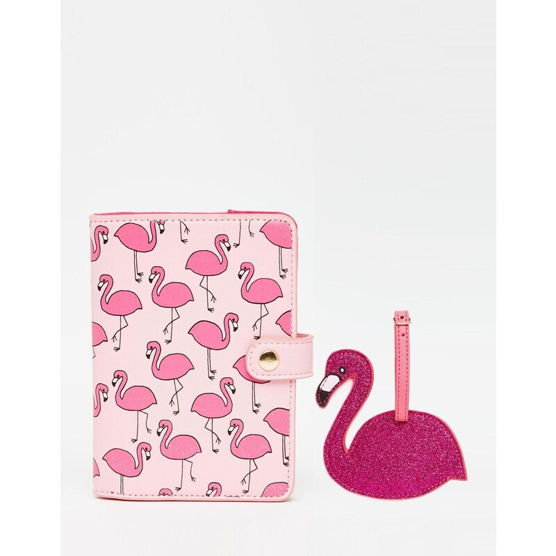 Skinnydip - Flamingo - Reiseset aus Reisepassetui und Gepäckanhänger - Mehrfarbig