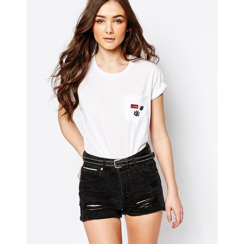 Pull&Bear - LA Girl - T-Shirt mit Tasche - Weiß
