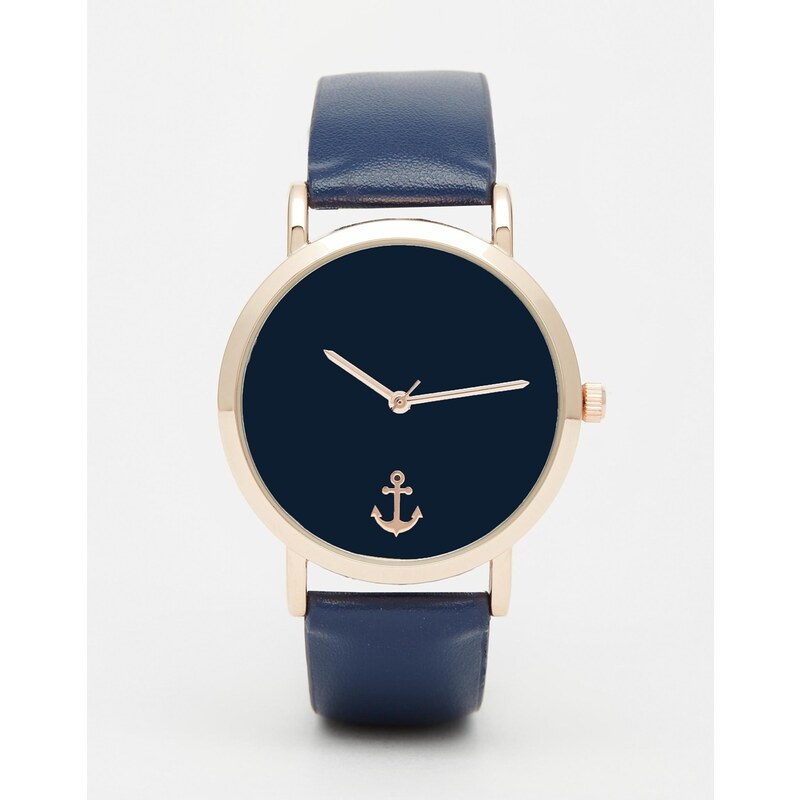 ASOS - Armbanduhr mit Ankerverzierung in Marineblau und Roségold - Marineblau