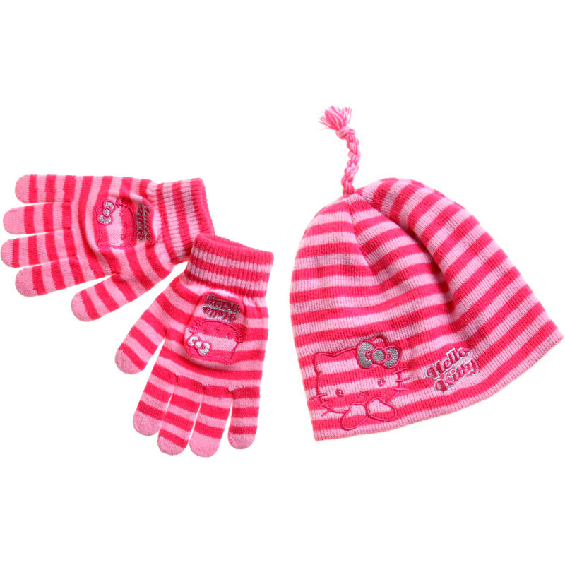 Hello Kitty 2 tlg Set bestehend aus: Mütze und Handschuhe rosa in Größe 53 für Mädchen aus 100% Polyacryl