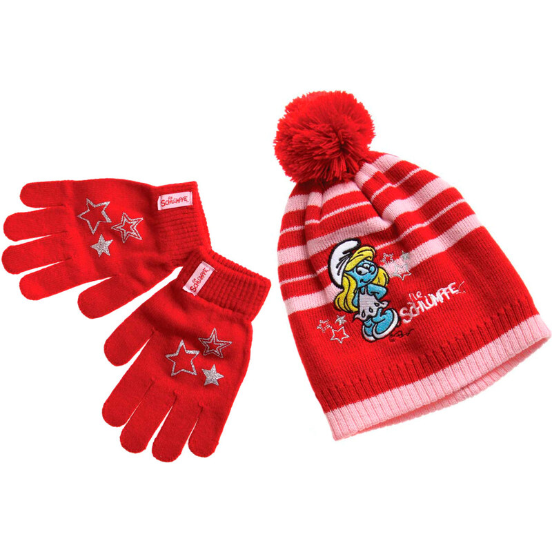 Die Schlümpfe 2 tlg Set bestehend aus: Mütze und Handschuhe rot in Größe 53 für Mädchen aus 100% Polyacryl