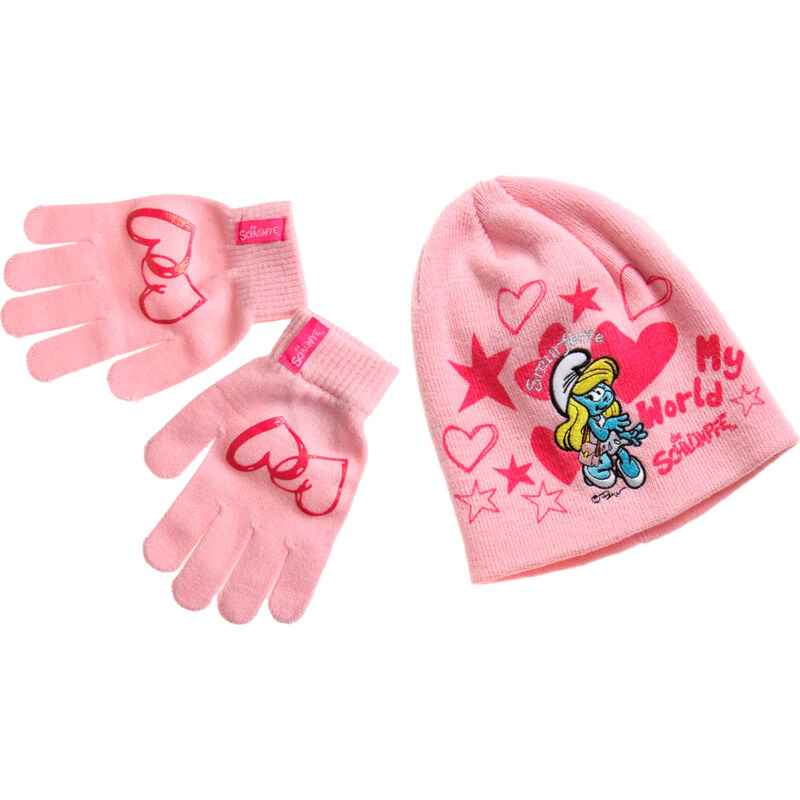 Die Schlümpfe 2 tlg Set bestehend aus: Mütze und Handschuhe rosa in Größe 53 für Mädchen aus 100% Polyacryl