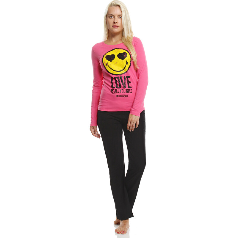 Smiley Pyjama schwarz in Größe S für Damen aus 100% Baumwolle