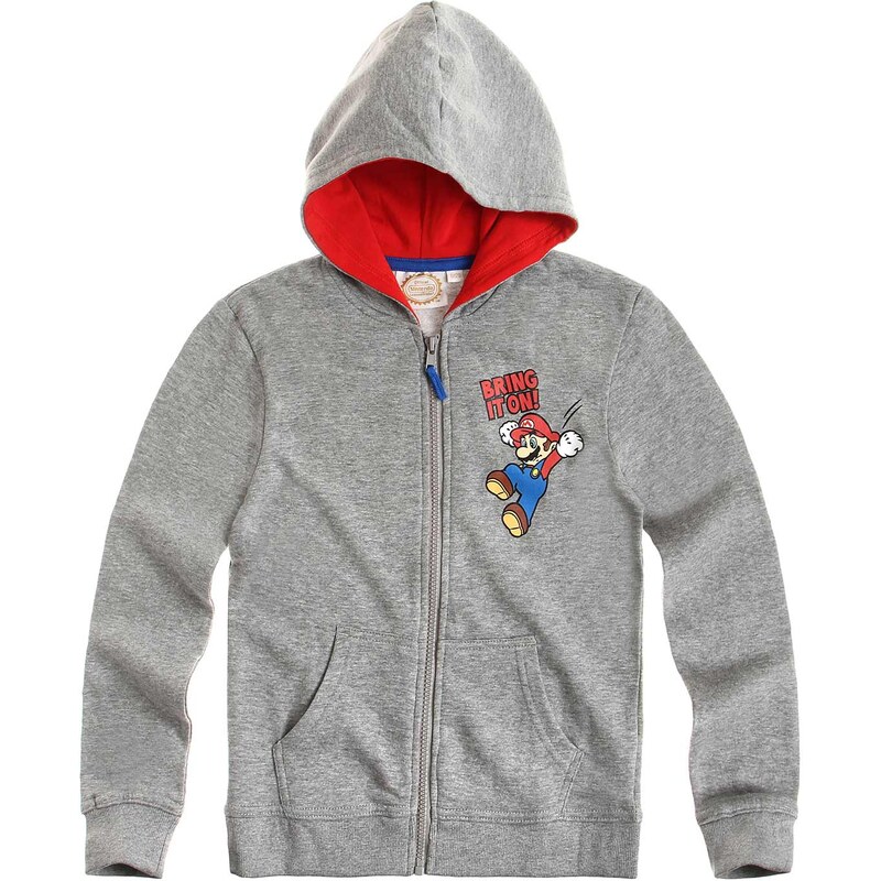 Super Mario Sweatjacke mit Kapuze grau in Größe 104 für Jungen aus 80% Baumwolle 20% Polyester