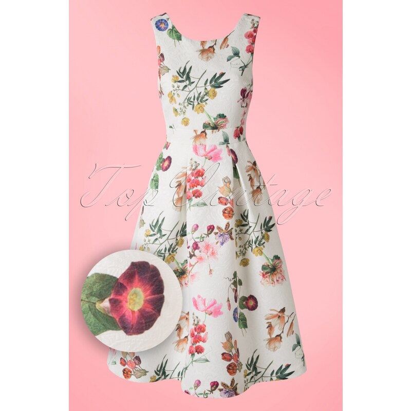 Yumi 50s Mabel Botanical Floral Print Party Dress in Ivory
