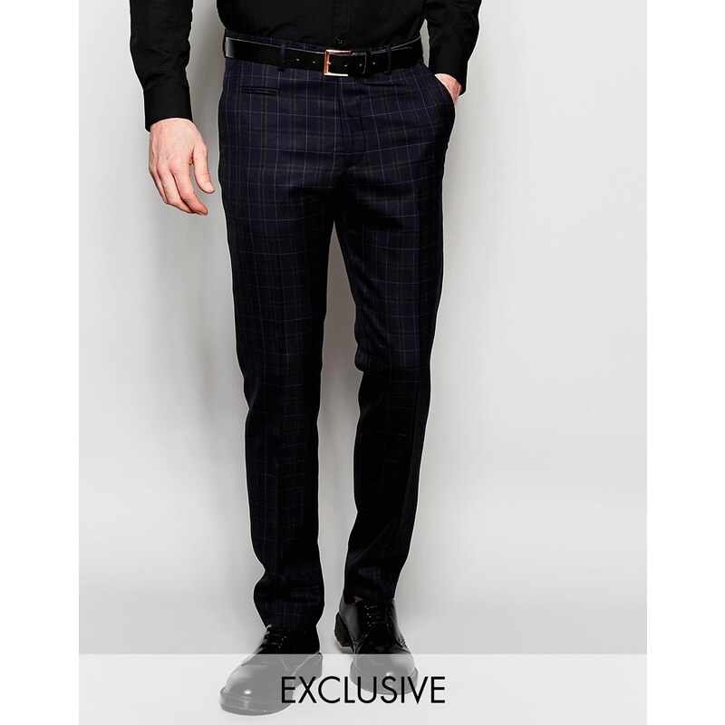 Number Eight - Savile Row - Elegante, eng geschnittene Hose mit Schottenkaro - Blau