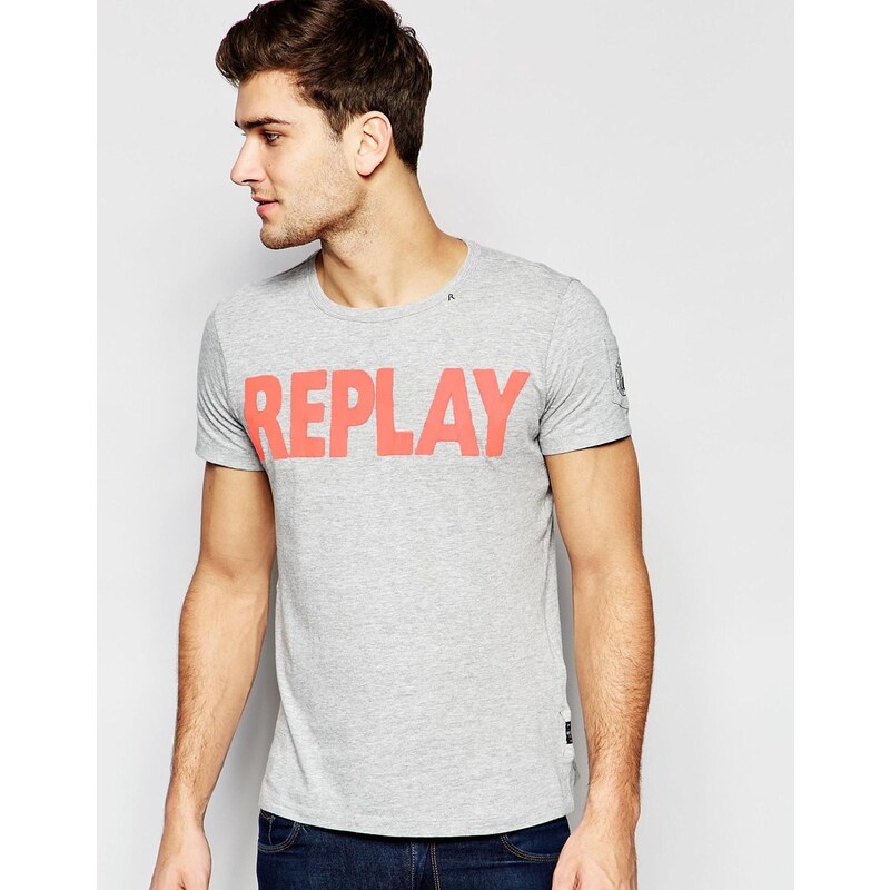 Replay - Grau meliertes T-Shirt mit Rundhalsausschnitt und Logo-Print - Grau