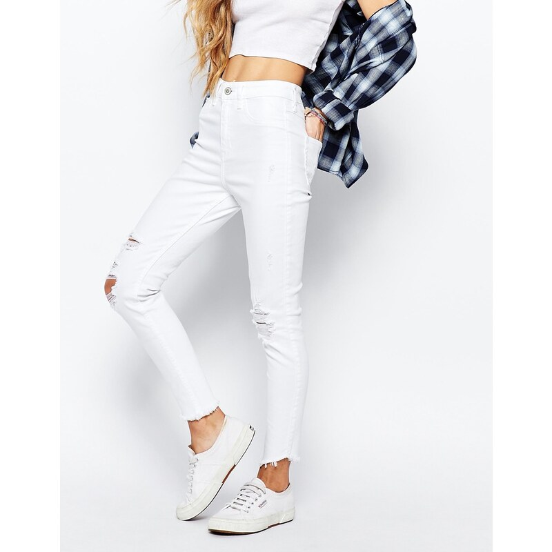 Hollister - Skinny-Jeans im Used-Look mit hohem Bund und Fransensaum - Weiß