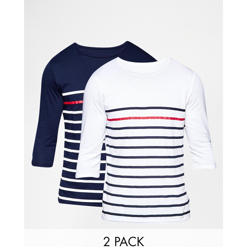 ASOS - T-Shirt mit 3/4-Ärmeln und leuchtendem Streifen im 2er Pack, 21% RABATT - Mehrfarbig
