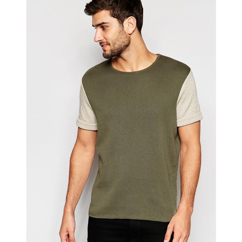 ASOS - Strick-T-Shirt mit Ärmeln in Kontrastfarbe - Grün