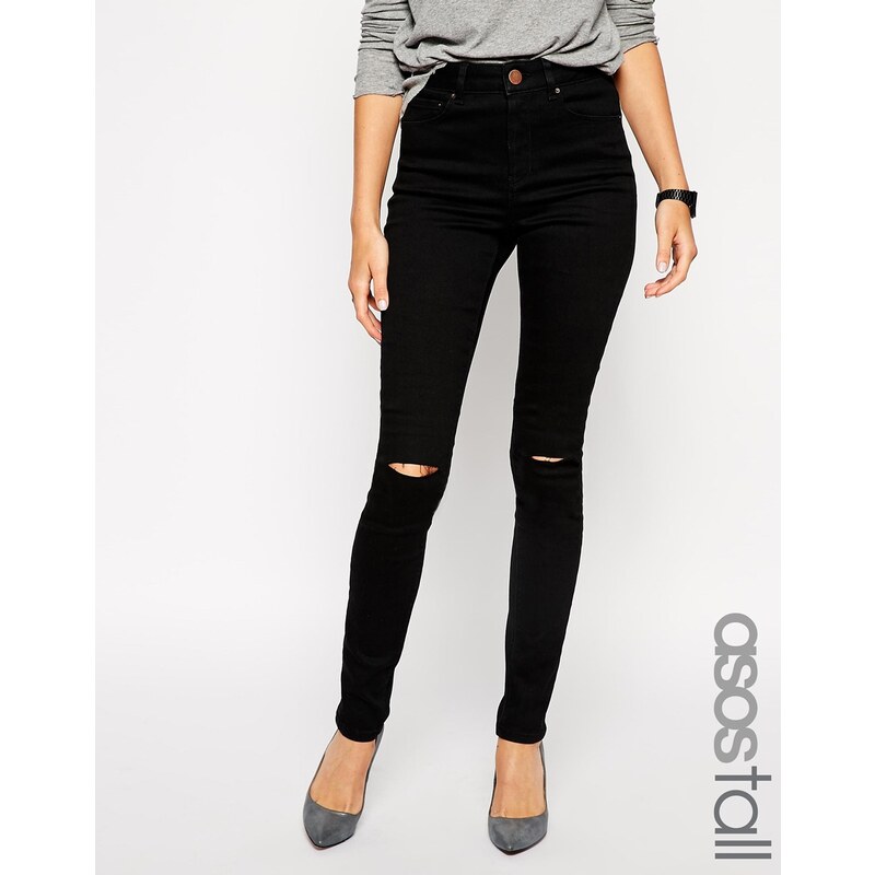 ASOS TALL - Ridley - Skinny Jeans mit hoher Taille und Knierissen - Schwarz