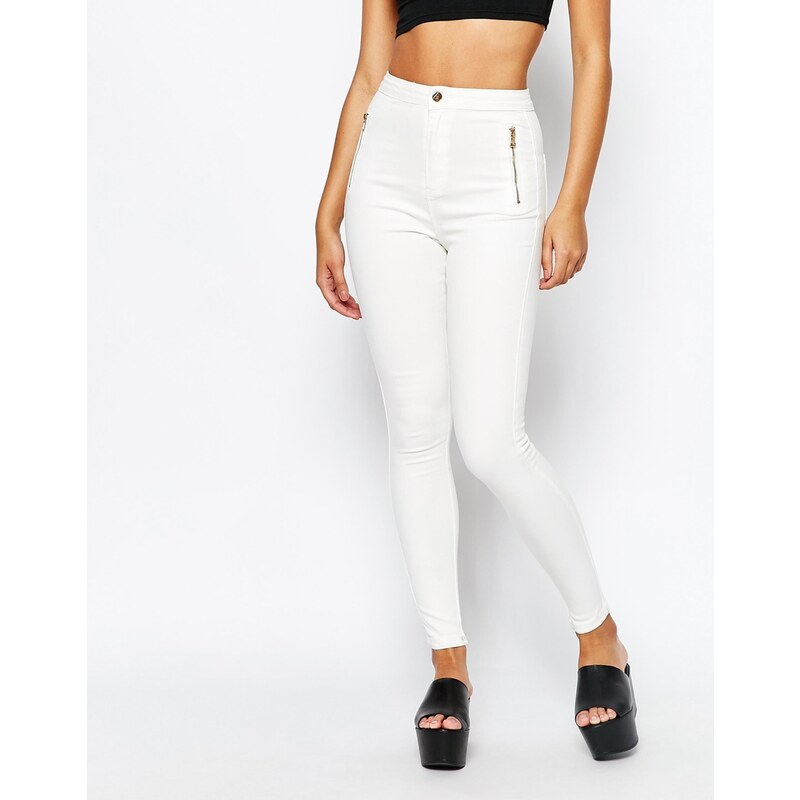 Missguided - Vice - Enge Superstretch-Jeans mit hoher Taille und Reißverschluss - Weiß
