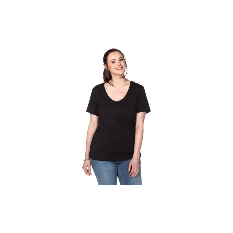 Damen Casual BASIC T-Shirt mit V-Ausschnitt SHEEGO CASUAL schwarz 40/42,44/46,48/50,52/54,56/58