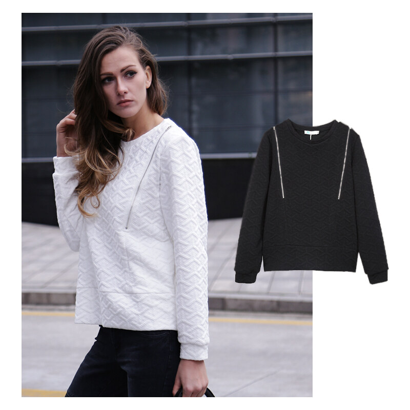 Lesara Sweater mit Struktur-Muster & Reißverschluss-Details - S - Schwarz