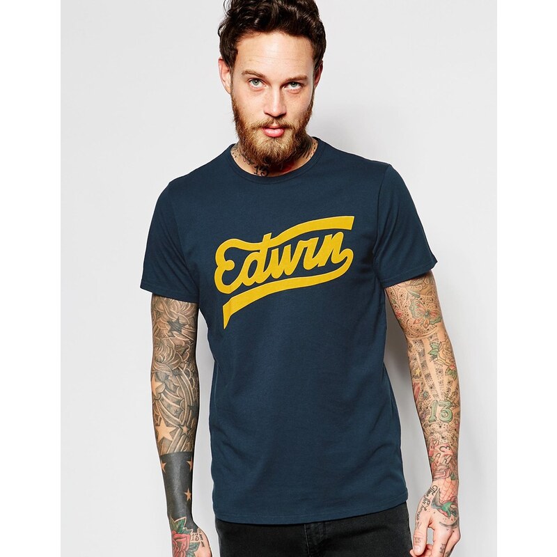 Edwin - T-Shirt mit Logo Script Aufdruck, in Marineblau - Marineblau