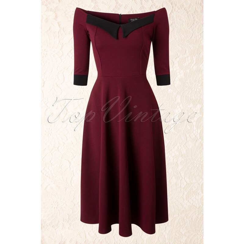 Vintage Chic 50s Noreen Swing Dress in Wine Red and Black Crêpe