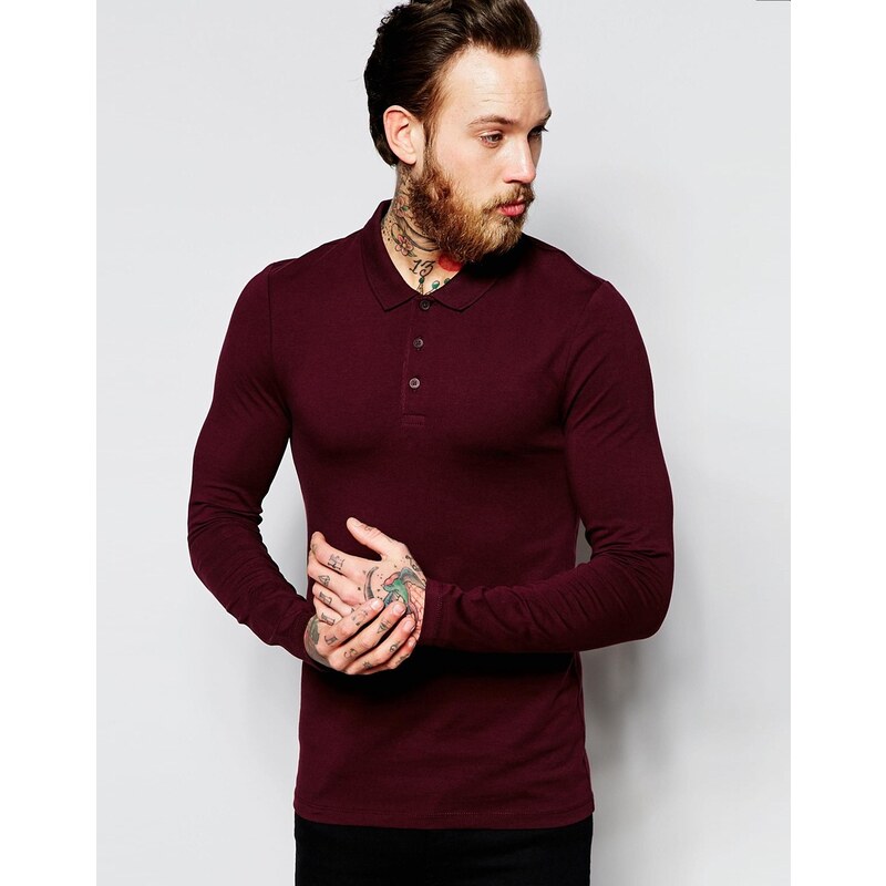 ASOS - Langärmliges Poloshirt in Burgunderrot, Extreme Muscle Fit - Rot