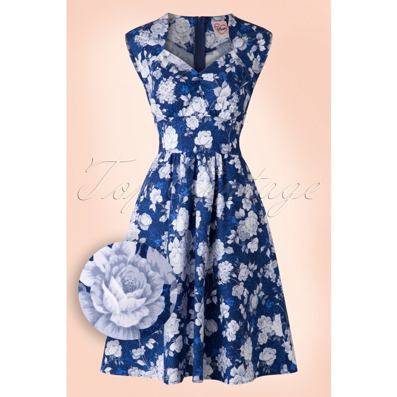 Heart of Haute 50s Maxine Winter Floral Dress in Blue