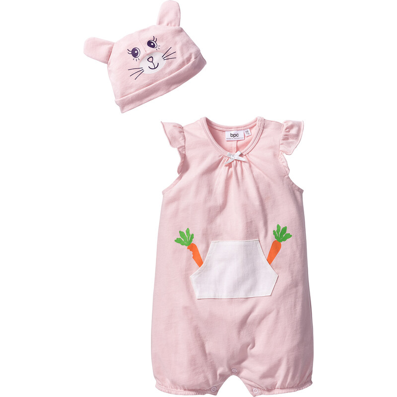 bpc bonprix collection Baby Kurzarm-Overall + Mütze (2-tlg.) Bio-Baumwolle, Gr. 56/62-92/98 in rosa für Mädchen von bonprix