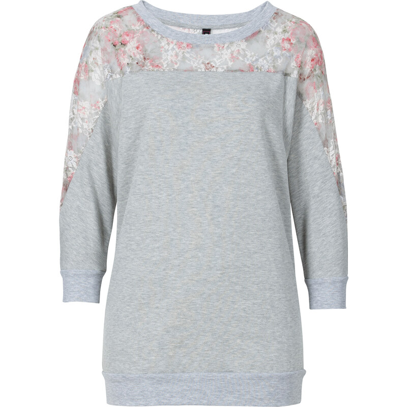 RAINBOW Sweatshirt mit Spitzeneinsatz 3/4 Arm in grau für Damen von bonprix