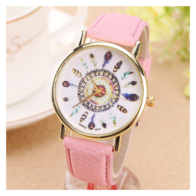 Lesara Armbanduhr mit Feder-Motiven - Pink