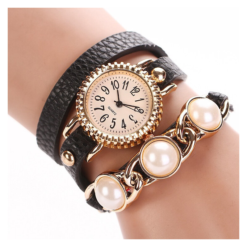Lesara Wickel-Armbanduhr mit Perlen - Schwarz