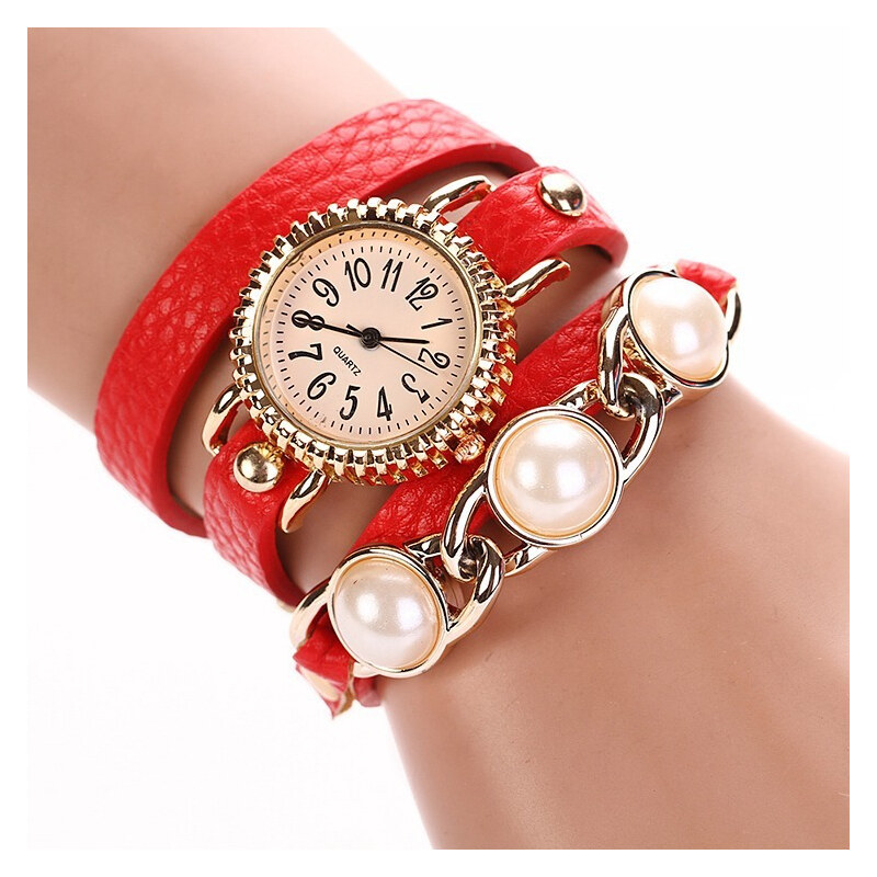 Lesara Wickel-Armbanduhr mit Perlen - Rot
