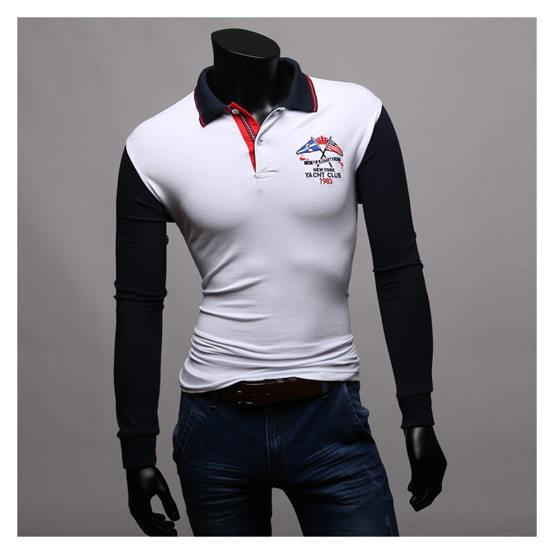 Maritimi Langarm-Poloshirt mit farblich abgesetzten Ärmeln - Weiß - L