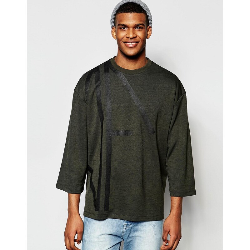 ASOS - Oversized-Sweatshirt in Khaki mit 3/4-Ärmeln und Print - Grün