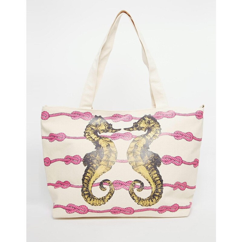 Thursday Friday - Segeltuch-Strandtasche mit Seepferdchen-Print - Weiß