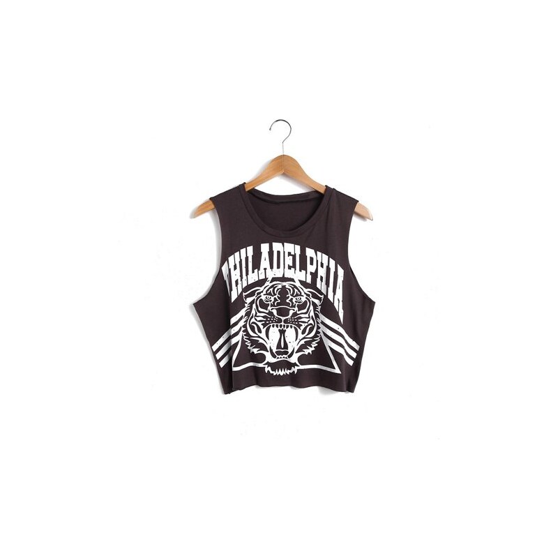 sammydress Plus Size Scoop Neck Tiger and Letter Print Cotton Crop Top Tank Top For Women