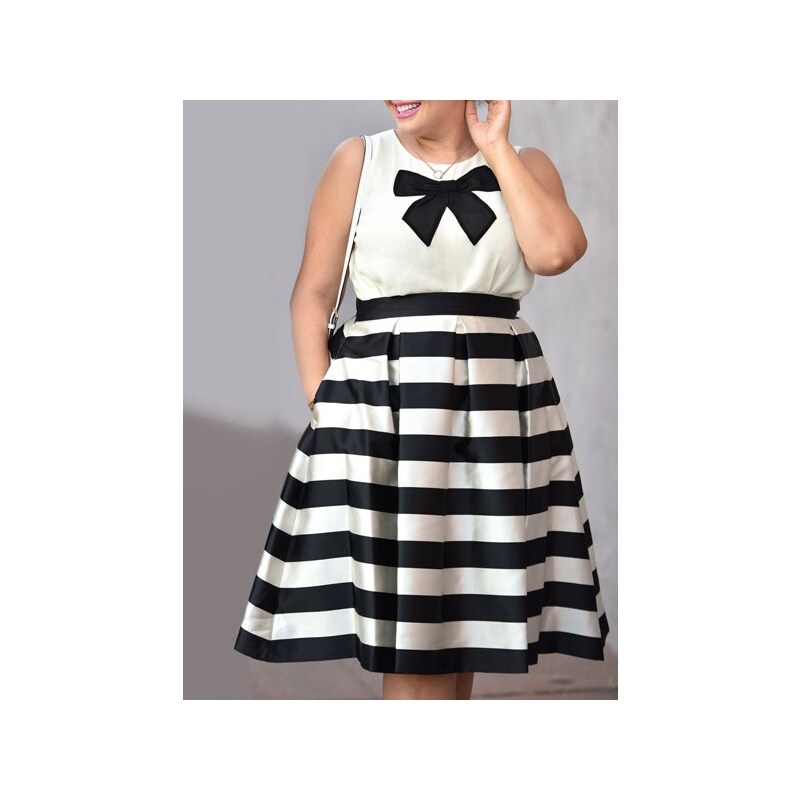 sammydress Chic Jewel Neck Bowknot Sleeveless Blouse and Striped Midi Skirt Twinset For Women