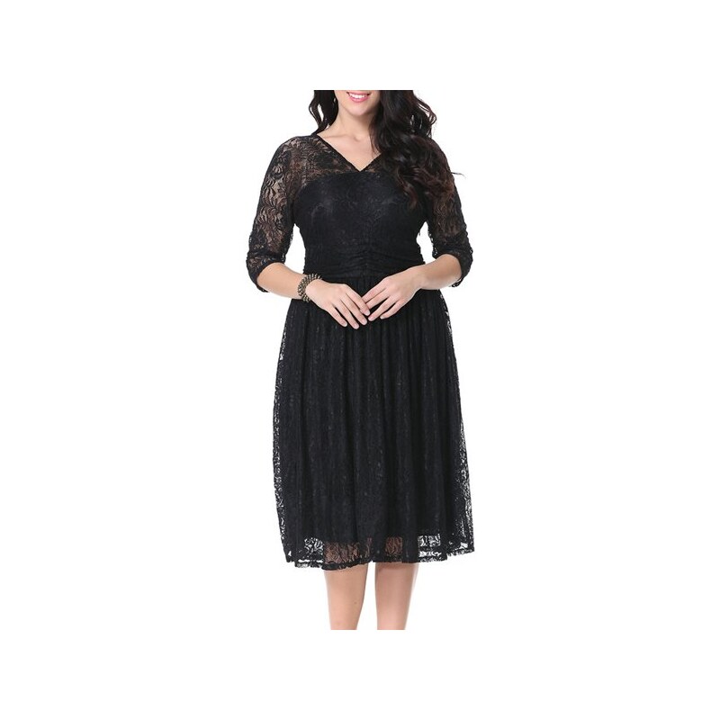 sammydress Stylish V-Neck 3/4 Sleeve Plus Size Solid Color Lace Dress For Women