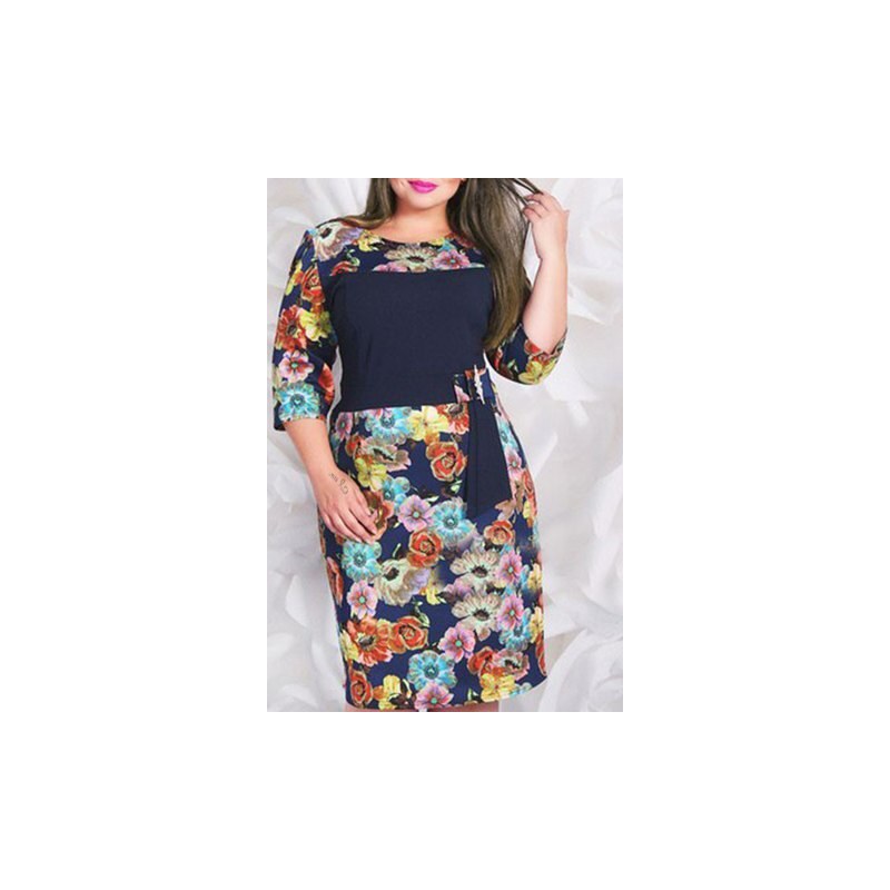 sammydress Chic Scoop Neck 3/4 Sleeve Floral Print Plus Size Dress For Women