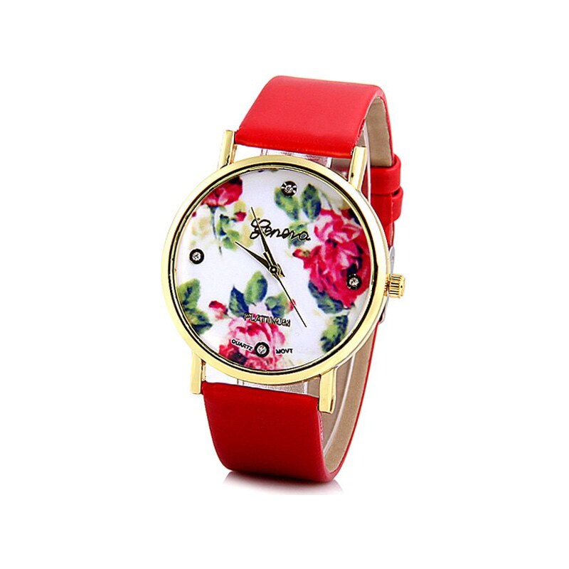 sammydress Geneva Luxury Quartz Watch with Diamonds Golden Plate Analog Indicate Leather Watch Band Rose Pattern for Women