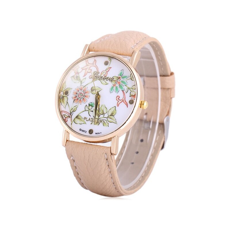 sammydress Geneva Quartz Watch Golden Plate Analog Indicate Leather Watch Band Flower Pattern for Women