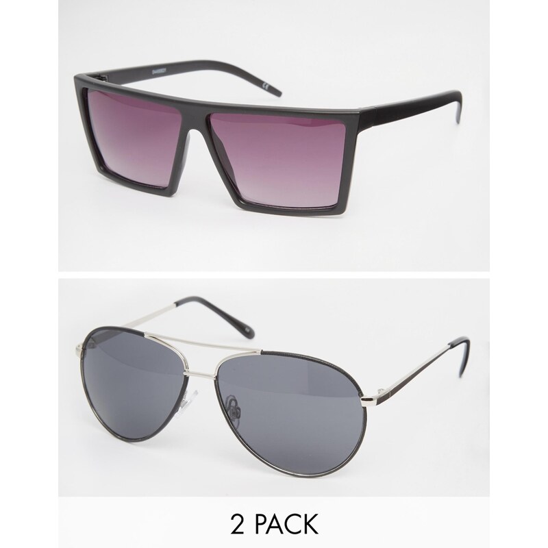 ASOS - Pilotensonnenbrille und Sonnenbrille mit flachem Brauensteg im 2er-Set, 25% RABATT - Schwarz
