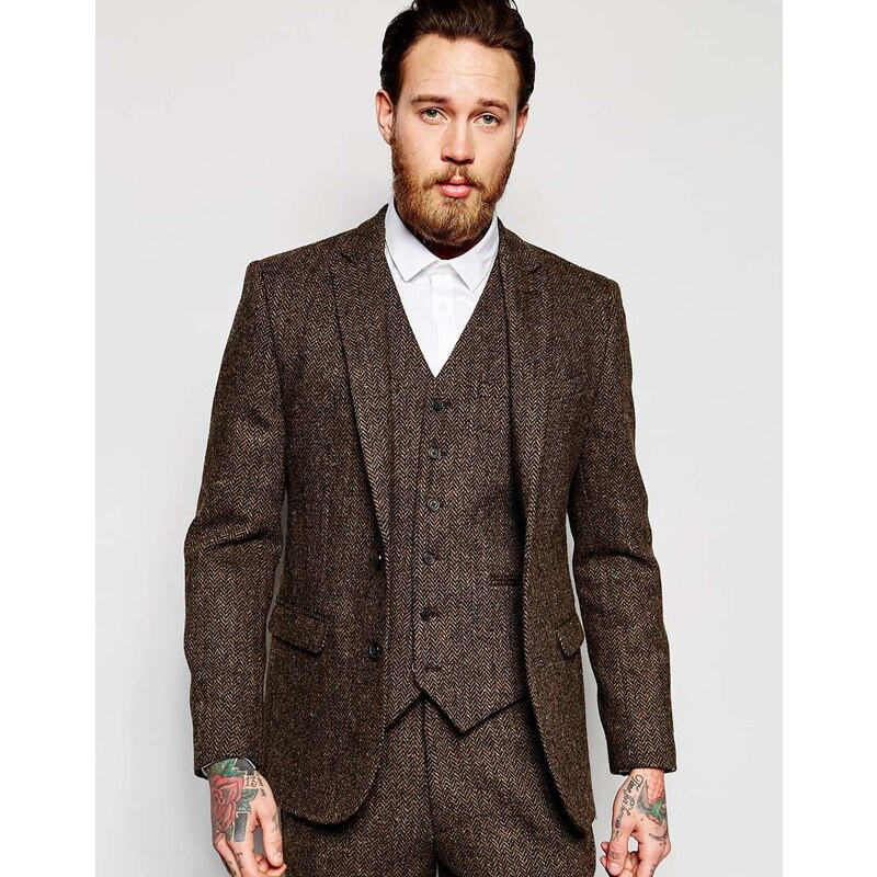 ASOS - Schmale Anzugjacke aus braunem Harris-Tweed, 100% Wolle - Braun