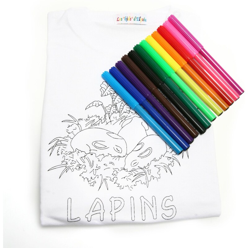 Les Bébés d Elysea Lapin - T-Shirt zum Ausmalen mit 12 auswaschbaren Farbstiften - weiß
