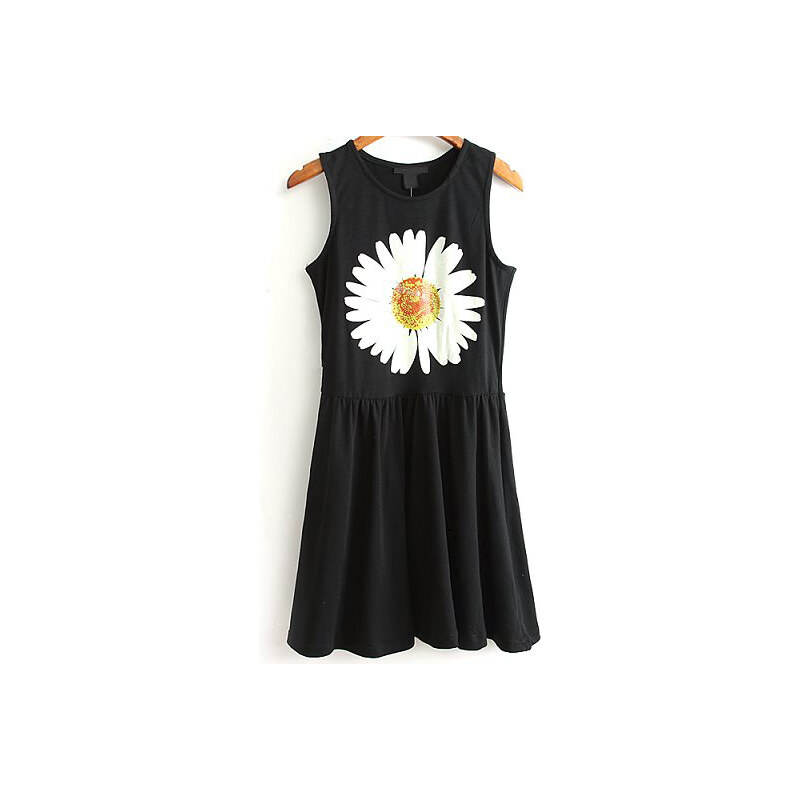 SheInside Black Sleeveless Chrysanthemum Print Pleated Dress