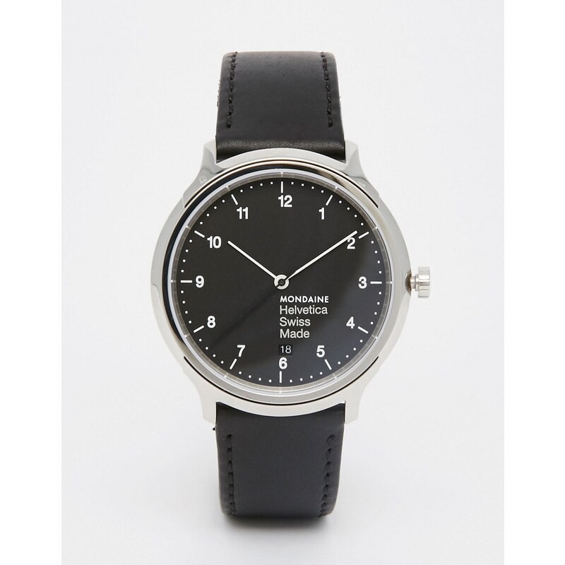 Mondaine - Helvetica - Uhr mit schwarzem Lederarmband und 40 mm großem Gehäuse - Schwarz