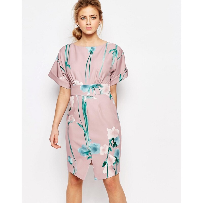 Closet London Closet - Geblümtes Kleid mit Kimono-Ärmeln und Schnürband vorne - Mehrfarbig
