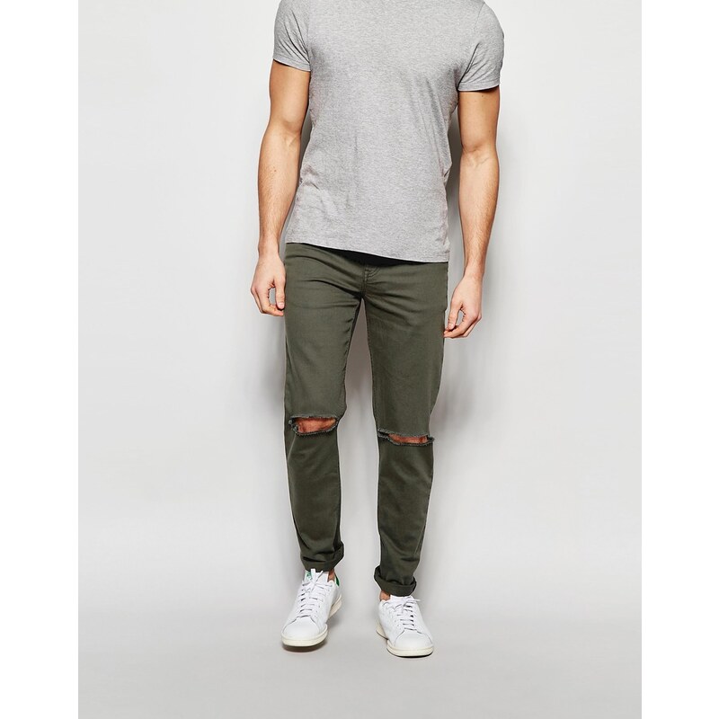 ASOS - Enge Jeans in Khaki mit Rissen - Grün