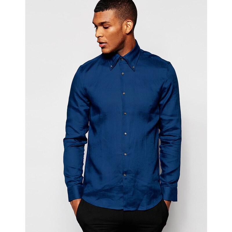 Reiss - Enges Button-Down-Hemd aus 100% Leinen - Blau