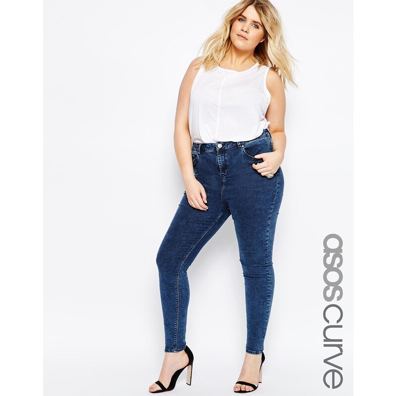 ASOS CURVE - Ridley - Skinny Jeans in Mottled-Waschung - Blau