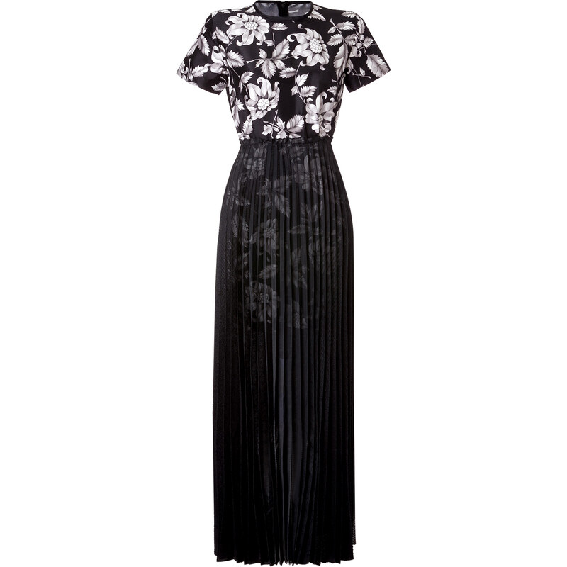 Ostwald Helgason Floral Print Silk Dress with Pleated Skirt Overlay