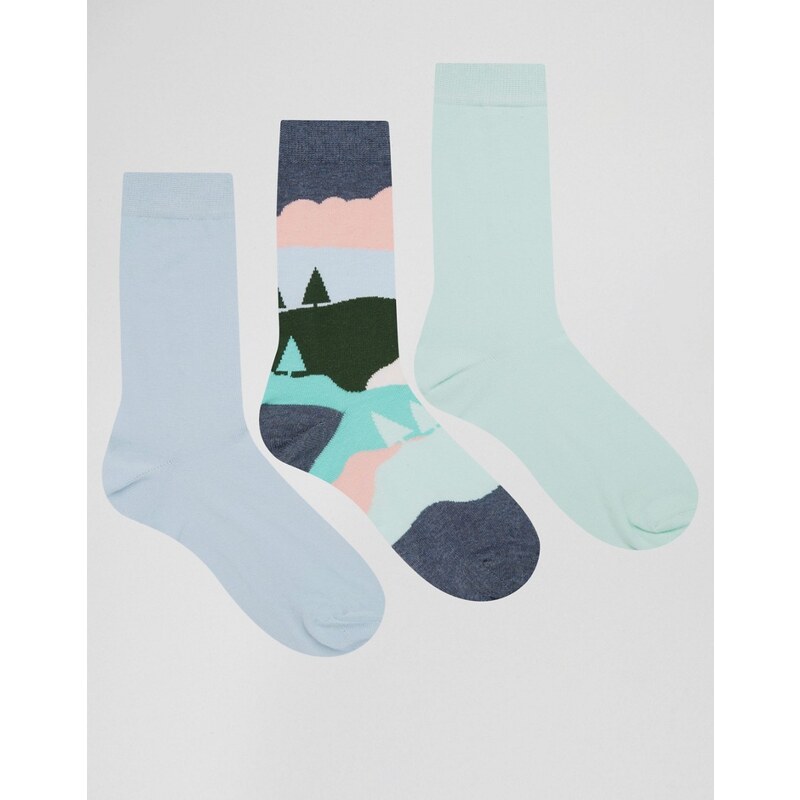 ASOS - Socken im 3er-Set mit pastellfarbenem Landschaftsdesign - Mehrfarbig