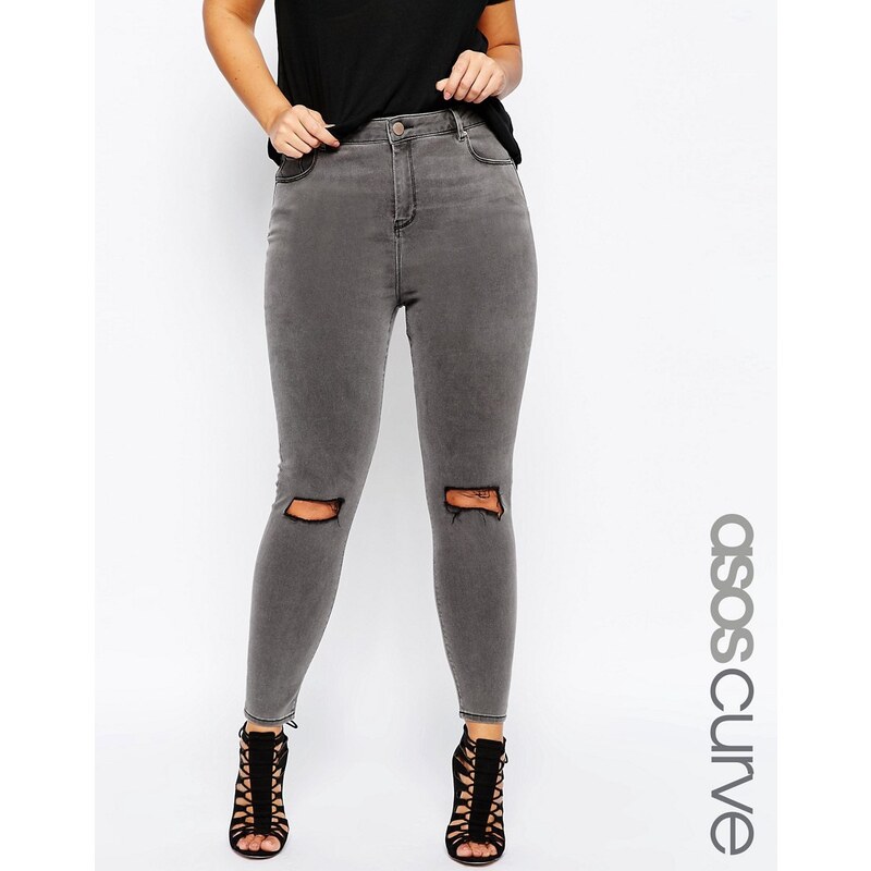 ASOS CURVE - Ridley - Schiefergraue Skinny-Jeans mit Rissen und hohem Bund - Grau